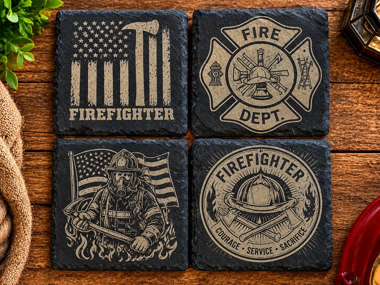 Four slate coasters engraved for firefighters: the flag, the fire department badge, a firefighter and the firefighter seal